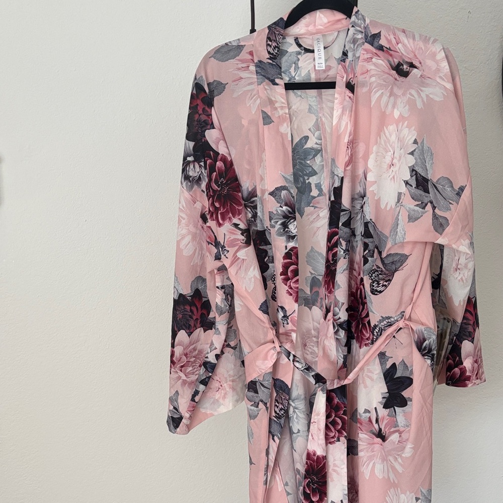 Cacique Pink Floral Satin Robe with Gray and Burgundy Accents